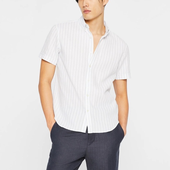 Short Sleeve Button Down Waffle Stripe Shirt -New W/ Tags -NEVER WORN -Blue Mix